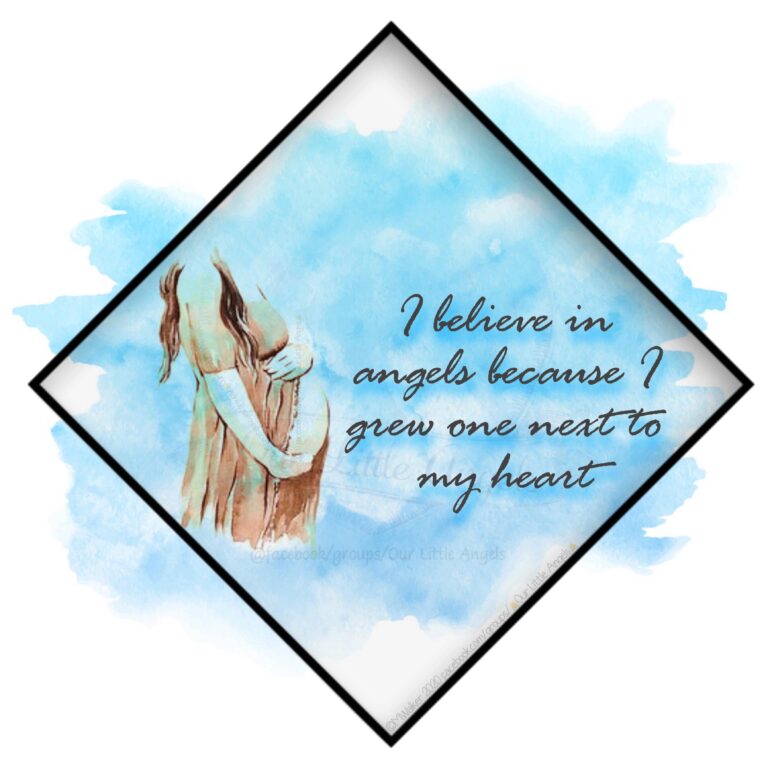 A pregnant woman holding her stomach in a blue background. Text reads: I believe in angels because I grew one next to my heart
