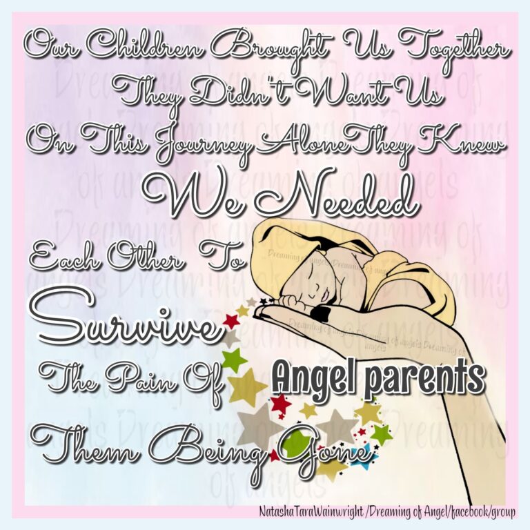 Graphic with a hand holding a baby. Text reads: Angel parents. Our children brought us together, they didn't want us on this journey alone. They knew we needed each other to survive the pain of them being gone.