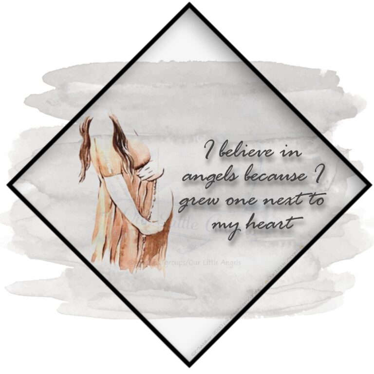 A pregnant woman holding her stomach in a grey background. Text reads: I believe in angels because I grew one next to my heart