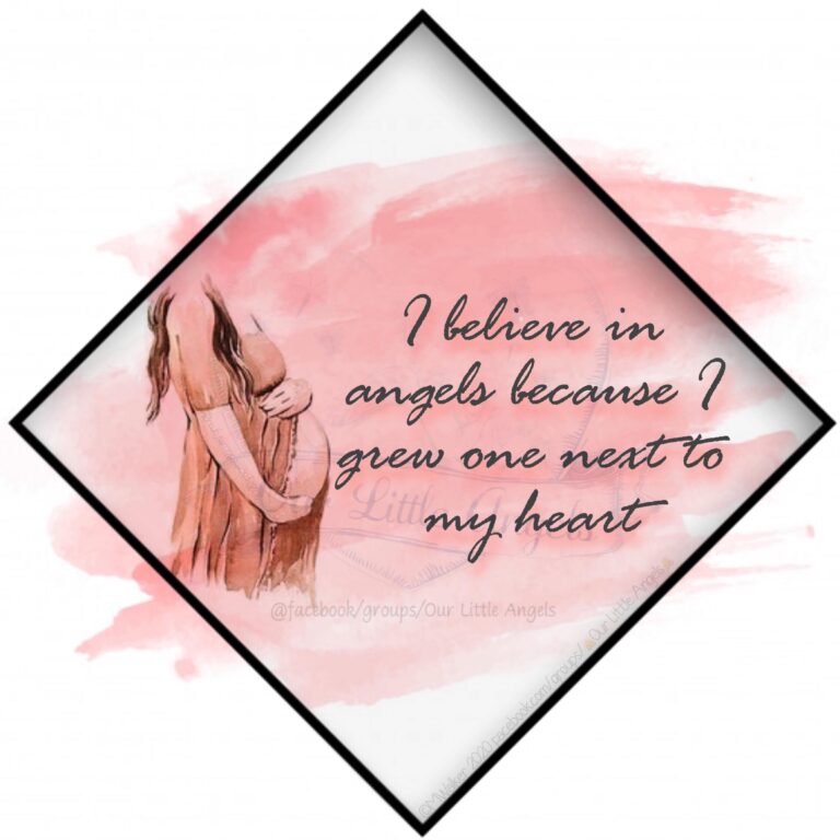 A pregnant woman holding her stomach in a pink background. Text reads: I believe in angels because I grew one next to my heart