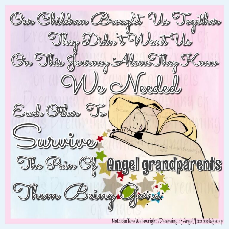 Graphic with a hand holding a baby. Text reads: Angel grandparents. Our children brought us together, they didn't want us on this journey alone. They knew we needed each other to survive the pain of them being gone.