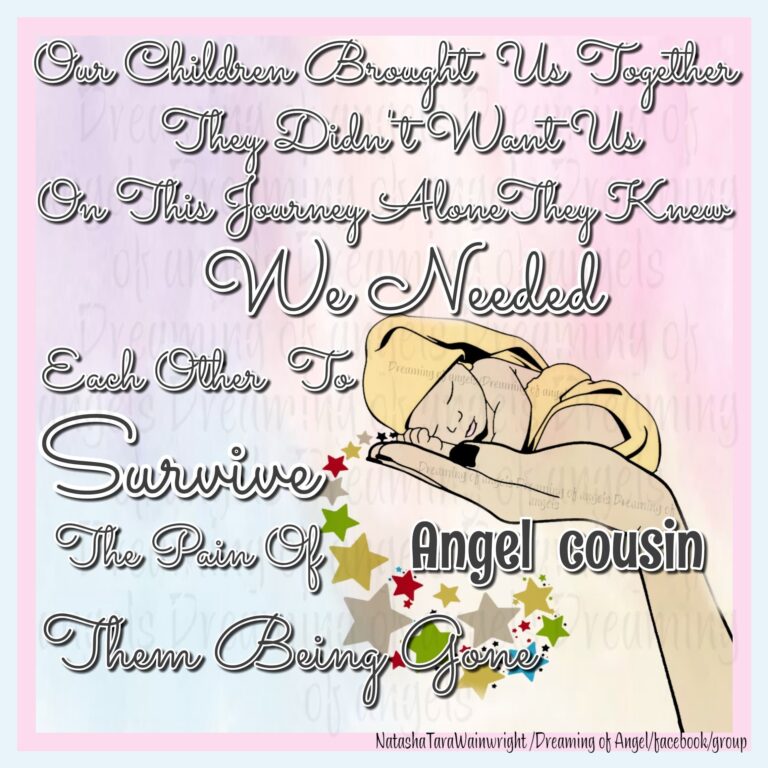 Graphic with a hand holding a baby. Text reads: Angel cousin. Our children brought us together, they didn't want us on this journey alone. They knew we needed each other to survive the pain of them being gone.