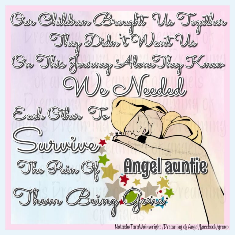 Graphic with a hand holding a baby. Text reads: Angel auntie. Our children brought us together, they didn't want us on this journey alone. They knew we needed each other to survive the pain of them being gone.