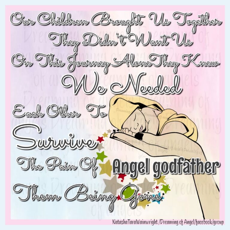 Graphic with a hand holding a baby. Text reads: Angel godfather. Our children brought us together, they didn't want us on this journey alone. They knew we needed each other to survive the pain of them being gone.