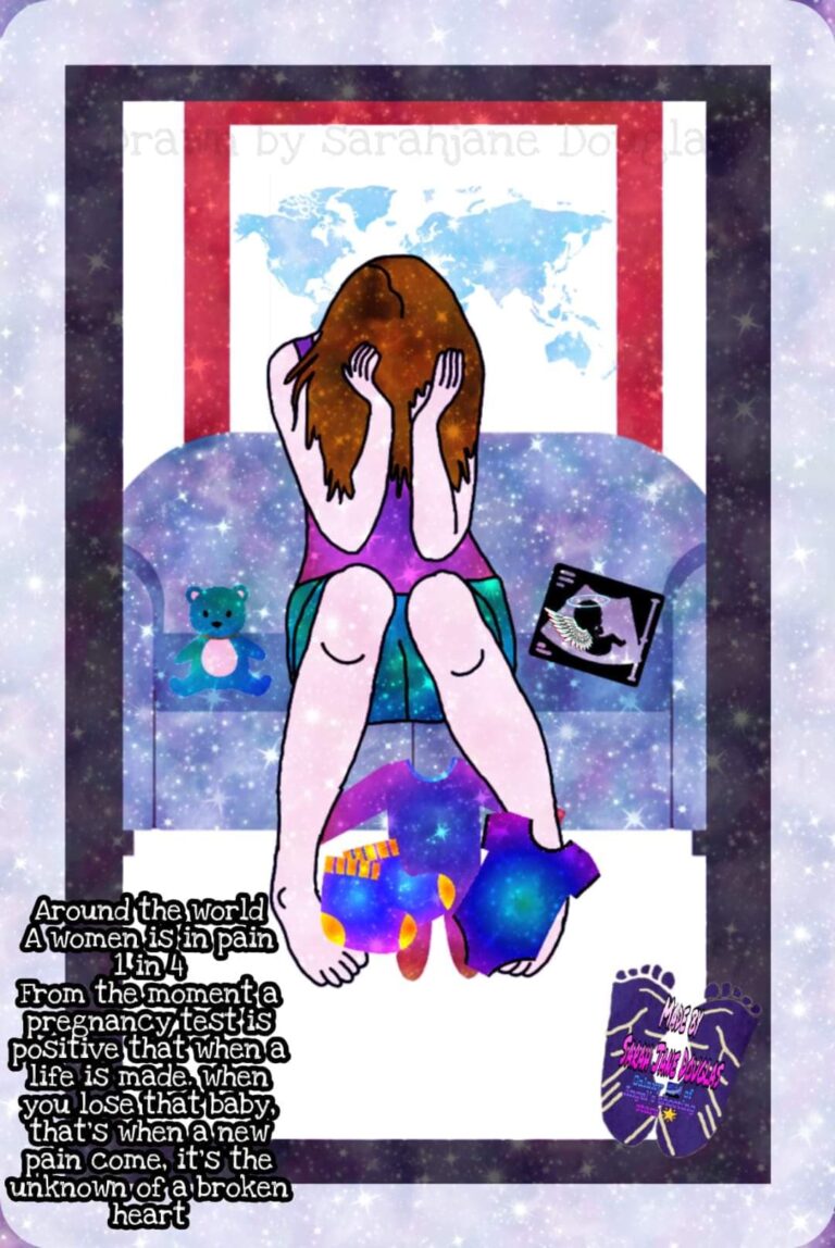 A grieving woman with head in her hands sitting on a sofa. Text reads: Around the world A women is in pain 1in 4 Erom the momenta pregnancy test'is positive that when a life is made. when you lose that baby. that's when a new pain come, it's the unknown of a broken heart