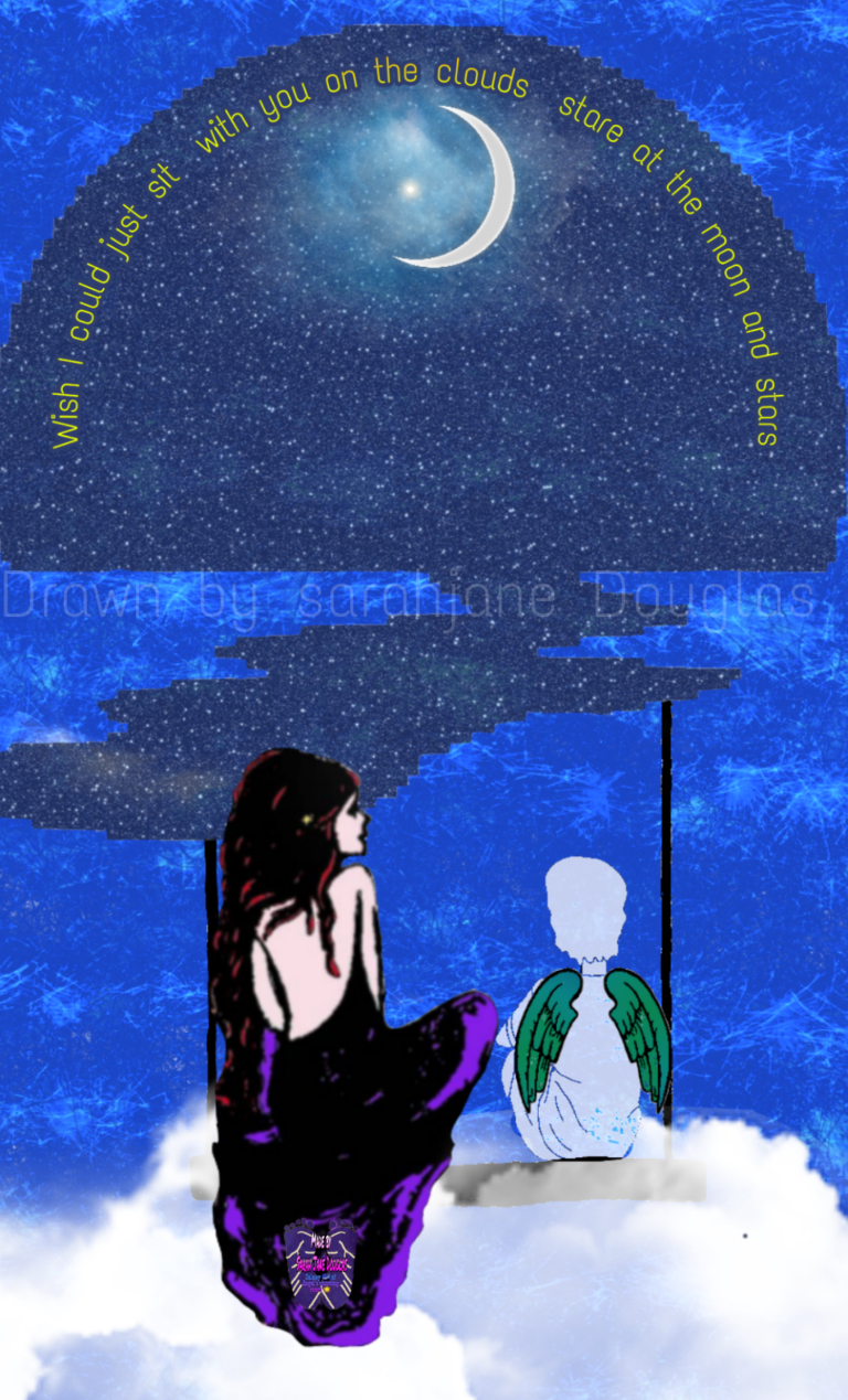 A girl sitting next to an angel, looking up to the sky. Text reads: I wish I could just sit with you in the clouds, stare at the moon and stars.