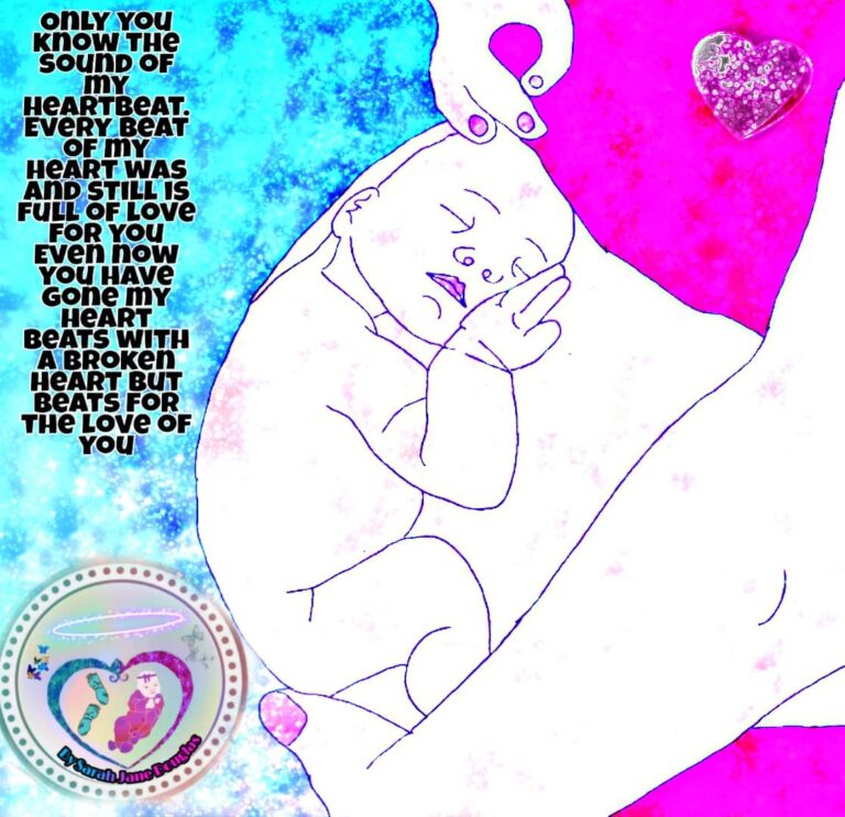 A baby in its mothers belly. Text reads: ONLY YOU KNow THe SOUND OF mY HEARTBEAT. EVERY BEAT oF mY HEART WAS AND STILL IS FULL OF LOVE FOR YOU Even now YOU HAVE Gone my HEART BEATS WITH A BROKEN HEART BUT BEATS FOR THE LOVE OF YOU