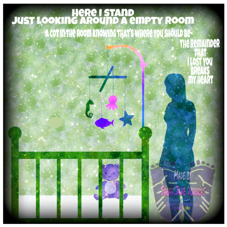 A person standing in an empty room with a cradle and baby toys. Text reads: HERE I STAID JUST LOOKINg AROUND A emPTY Room A COT INTHe ROOm KNOWING THAT S WHERE YOU SHOULD BE THe ReMAINDER THAT 1LOST YOU BREAKS MY HEART