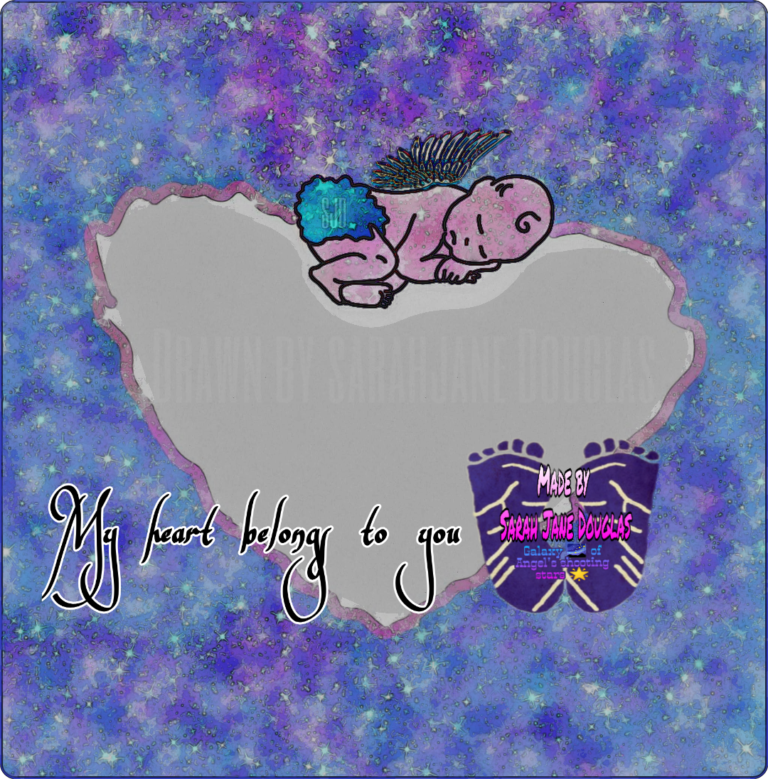 A winged baby resting on a heart. Text reads: My heart belongs to you
