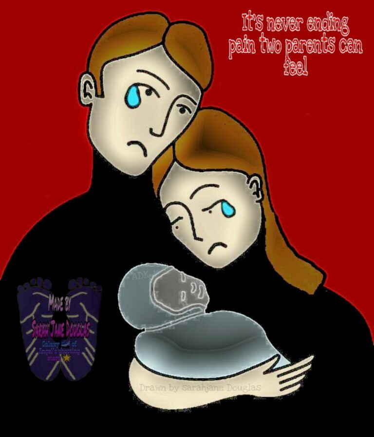 Grieving parents holding a baby. Text reads: It's never ending pain to parents can feel