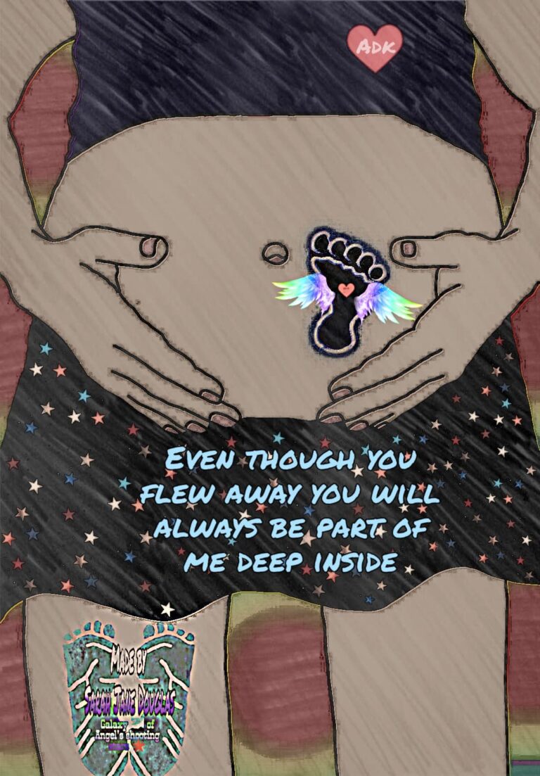 A mother with her hands on her stomach which has a footprint with wings. Text reads: EVEN THOUGH YOU FLEW AWAY YOU WILL ALWAYS BE, PART OF ME DEEP INSIDE +