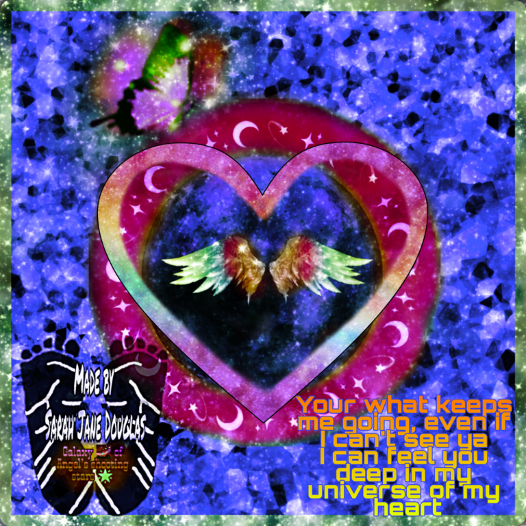 Graphic with hearts, wings and circle imagery. Text reads: Your What keeps me going, even I can't see ya can feel you deep in mu universe of my heart