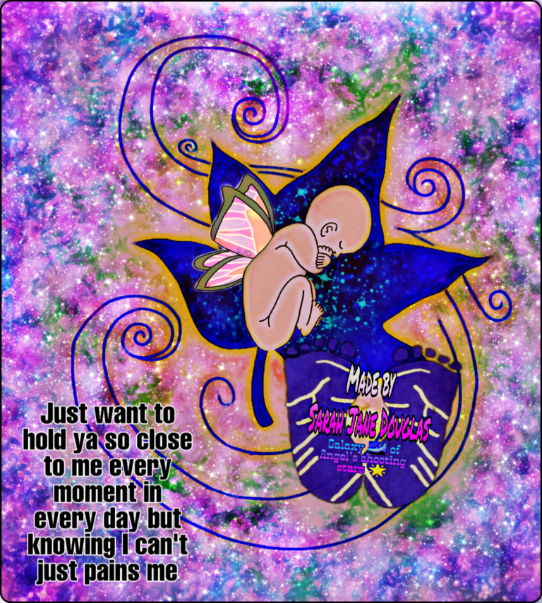 A baby resting in flowers. Text reads: Just want to hold ya so close to me every moment in every day but knowing I can't just pains me