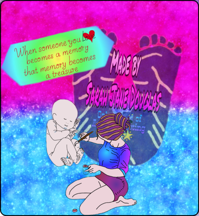 A woman painting on a baby. Text reads: When someone you love becomes a memory that memory becomes a treasure