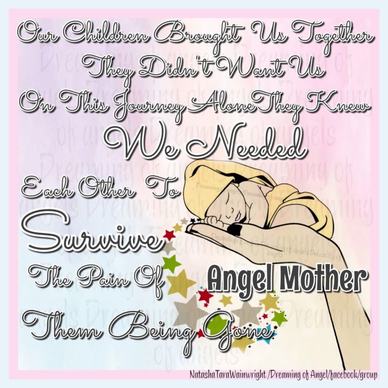 Graphic with a hand holding a baby. Text reads: Angel mother. Our children brought us together, they didn't want us on this journey alone. They knew we needed each other to survive the pain of them being gone.