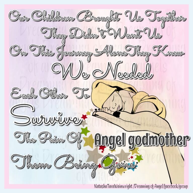 Graphic with a hand holding a baby. Text reads: Angel godmother. Our children brought us together, they didn't want us on this journey alone. They knew we needed each other to survive the pain of them being gone.