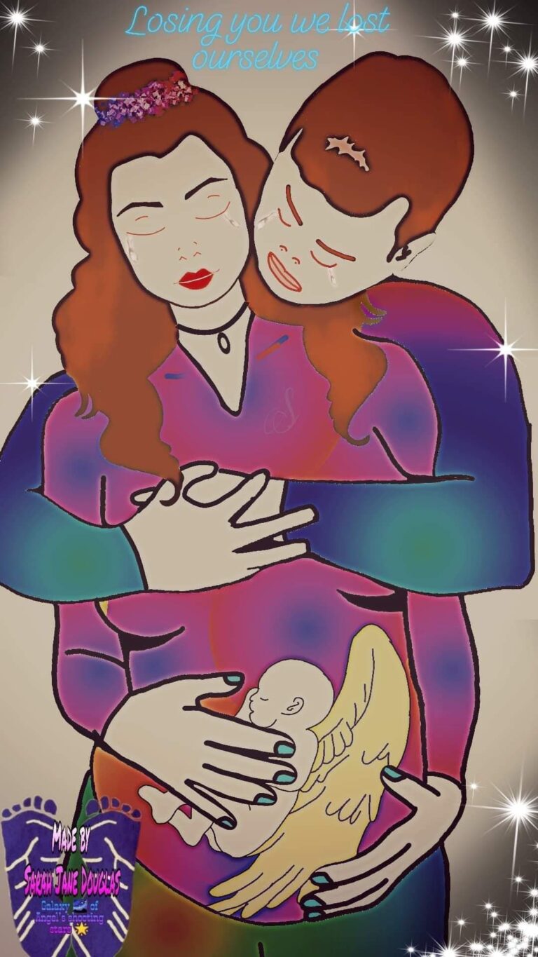 Grieving parents with a baby with wings. Text reads: Losing you we ast ourselves