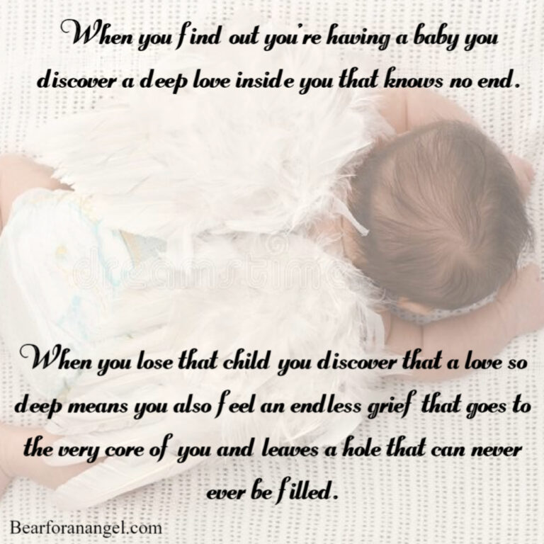 Graphic of a baby with angel wings. Text reads When you find out you're having a baby you discover a deep love inside you that knows no end. When you lose that child you discover that a love so deep means you also feel an endless grief that goes to the very core of you and leaves a hole that can never ever be filled. Bearforanangel.com