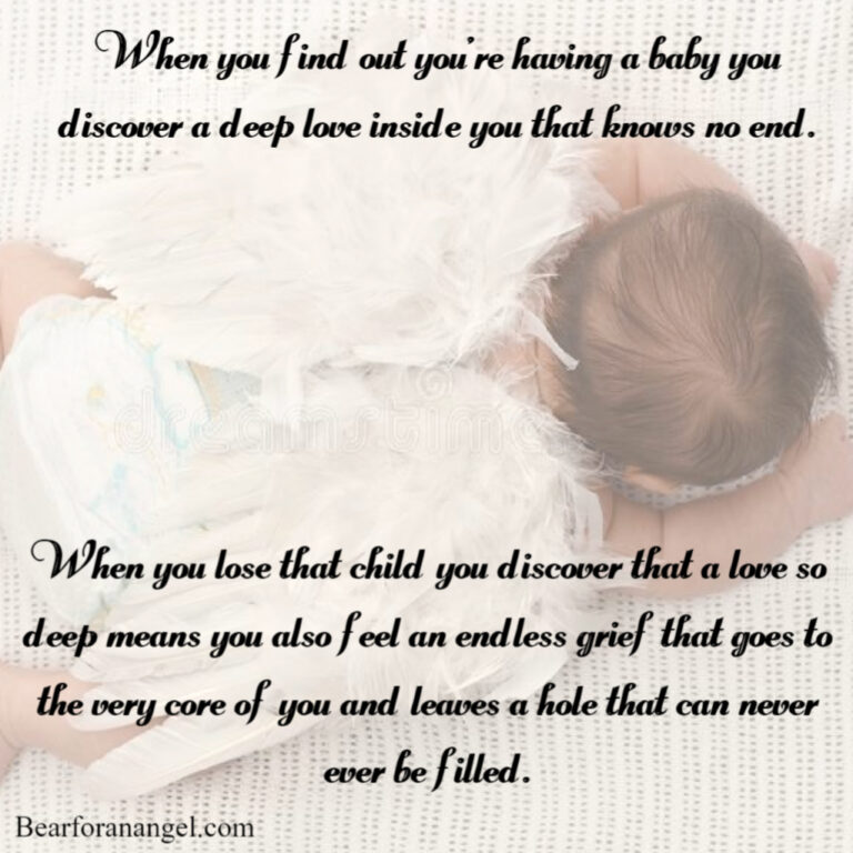 Graphic of a baby with angel wings. Text reads When you find out you're having a baby you discover a deep love inside you that knows no end. When you lose that child you discover that a love so deep means you also feel an endless grief that goes to the very core of you and leaves a hole that can never ever be filled. Bearforanangel.com