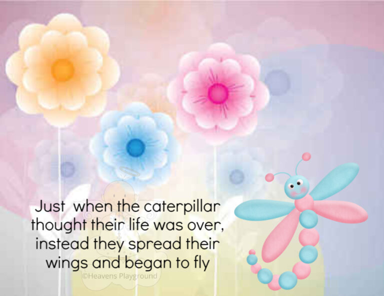 A pastel pink and blue caterpillar and colourful flowers in the background. Text reads: Just when the caterpillar thought their life was over, instead they spread their wings and began to fly ©Heavens Playground