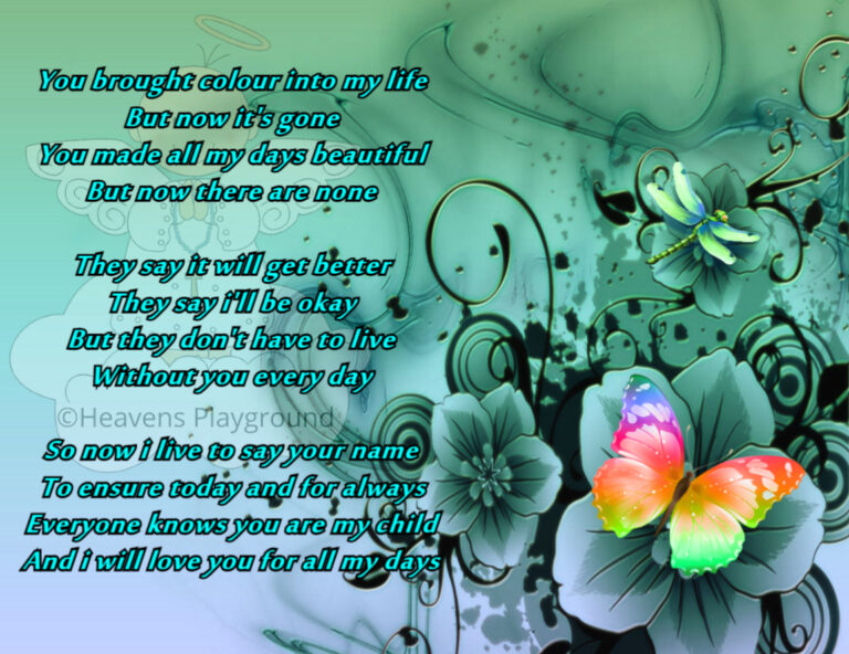 A rainbow butterfly resting on monochrome flowers. Text reads: You brought colour into my life But now it's gone You made all my days beautiful But now there are none They say it will ger beater They say i'll be okay But they don" have to live Without you every day So now i live to say your name To ensure today and for always Everyone knows you are my child And i will love you for all my days ©Heavens Playground