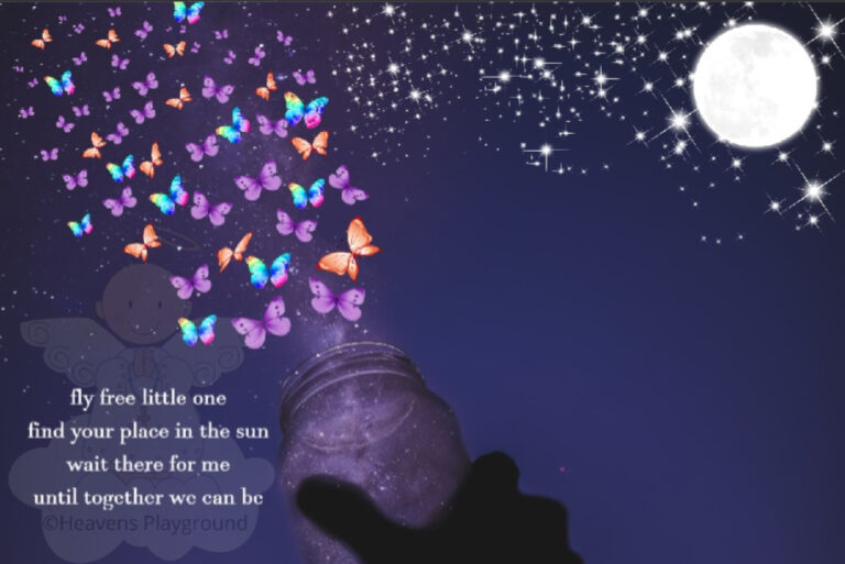 Colourful butterflies taking flight from a glass bottle in the night sky. Text reads: fly free little one find your place in the sun wait there for me until together we can be ©Heavens Playground