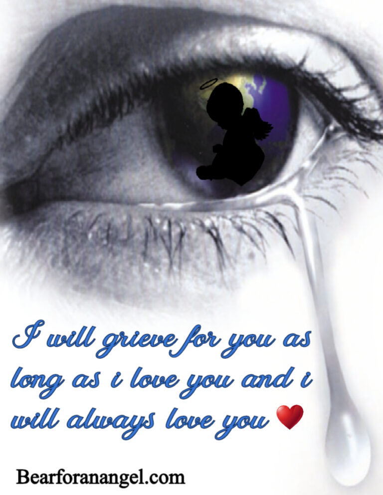 Graphic of a teary eye. Text reads: I will grieve for you as long as i love you and i will always love you Bearforanangel.com