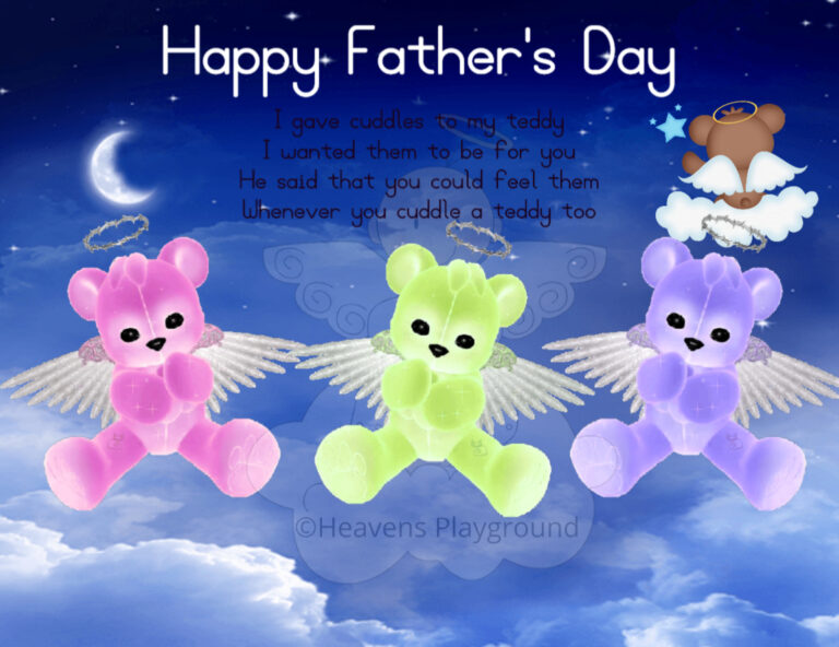Graphic with three winged teddy bears. Text reads Happy Father's Day