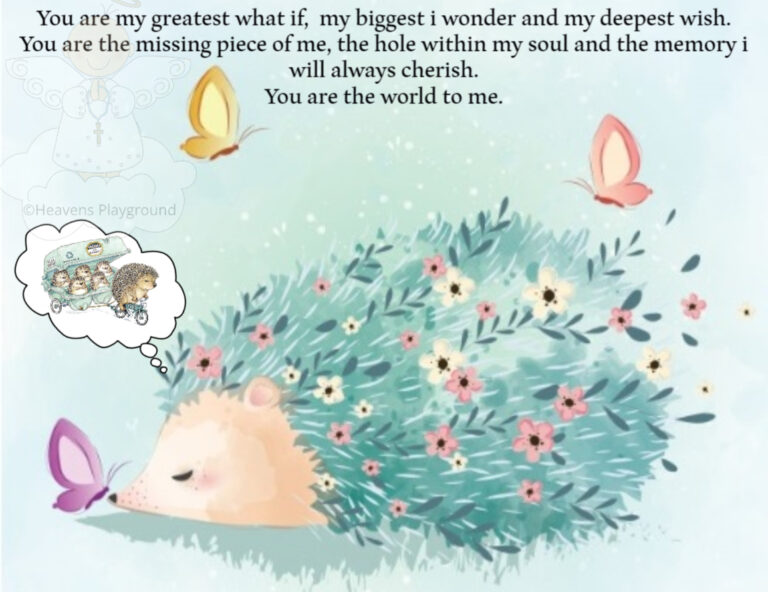 A sleeping hedgehog covered in flowers dreaming. Text reads: You are my greatest what if, my biggest i wonder and my deepest wish. You are the missing piece of me, the hole within my soul and the memory i will always cherish. You are the world to me.