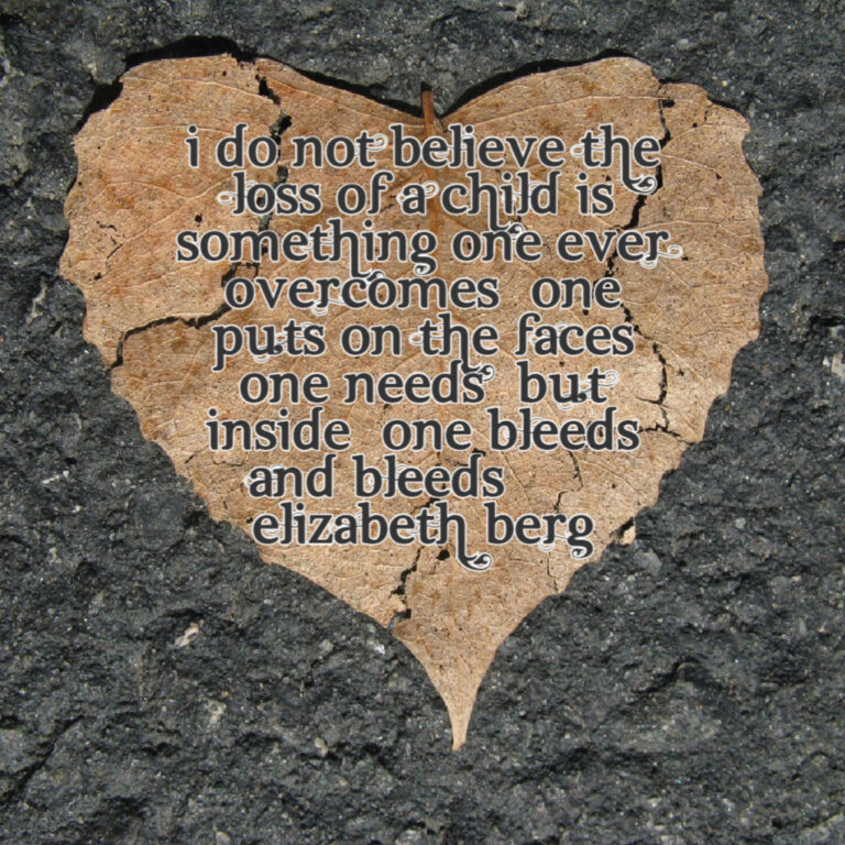 Graphic of a light brown heart. Text reads: i do not believe the loss of a child is something one ever. overcomes one puts on the faces one needs but inside one bleeds and bleeds. elizabeth berg