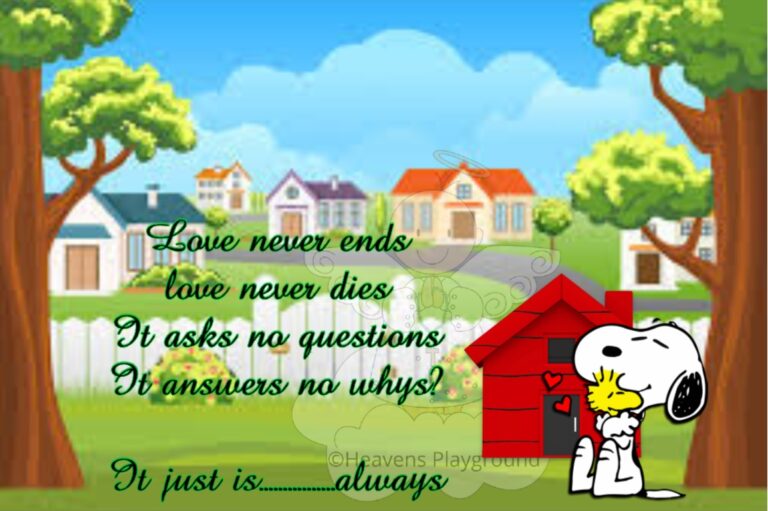 Snoopy holding Woodstock in his arms. Text reads: Lave never ends love never dies It asks no questions It answers no whys? It just is always. @Heaven's Playground