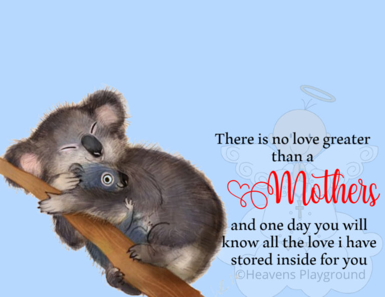 Mother koala holding its baby while resting on a branch. Text reads: There is no love greater than a Mothers and one day you will know all the love i have stored inside for you ©Heavens Playground