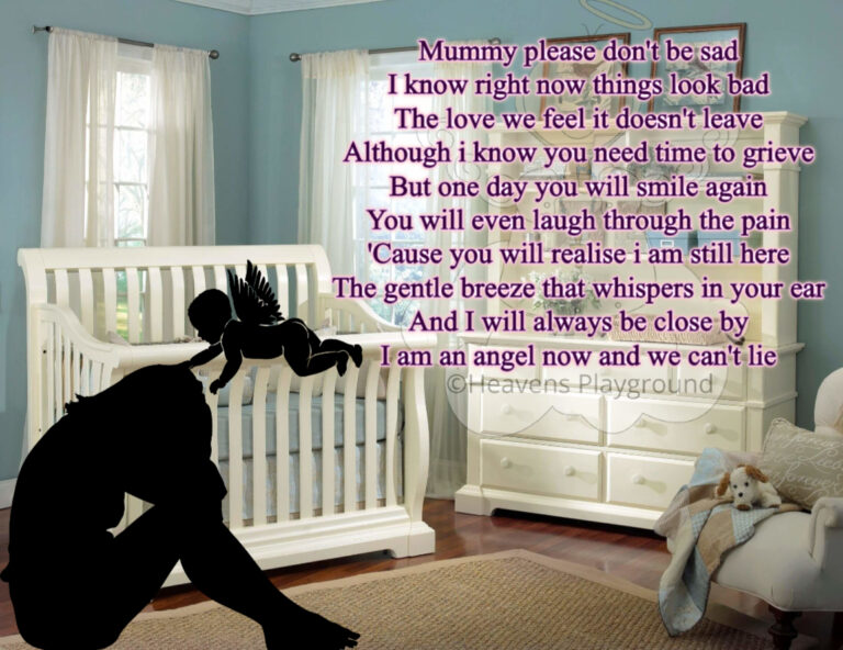 Angel comforting a grieving person in a baby's room. Text reads: Mummy please don't be sad I know right now things look bad The love we feel it doesn't leave Although i know you need time to grieve But one day you will smile again You will even laugh through the pain 'Cause you will realise i am still here The gentle breeze that whispers in your ear And I will always be close by I am an angel now and we can't lie