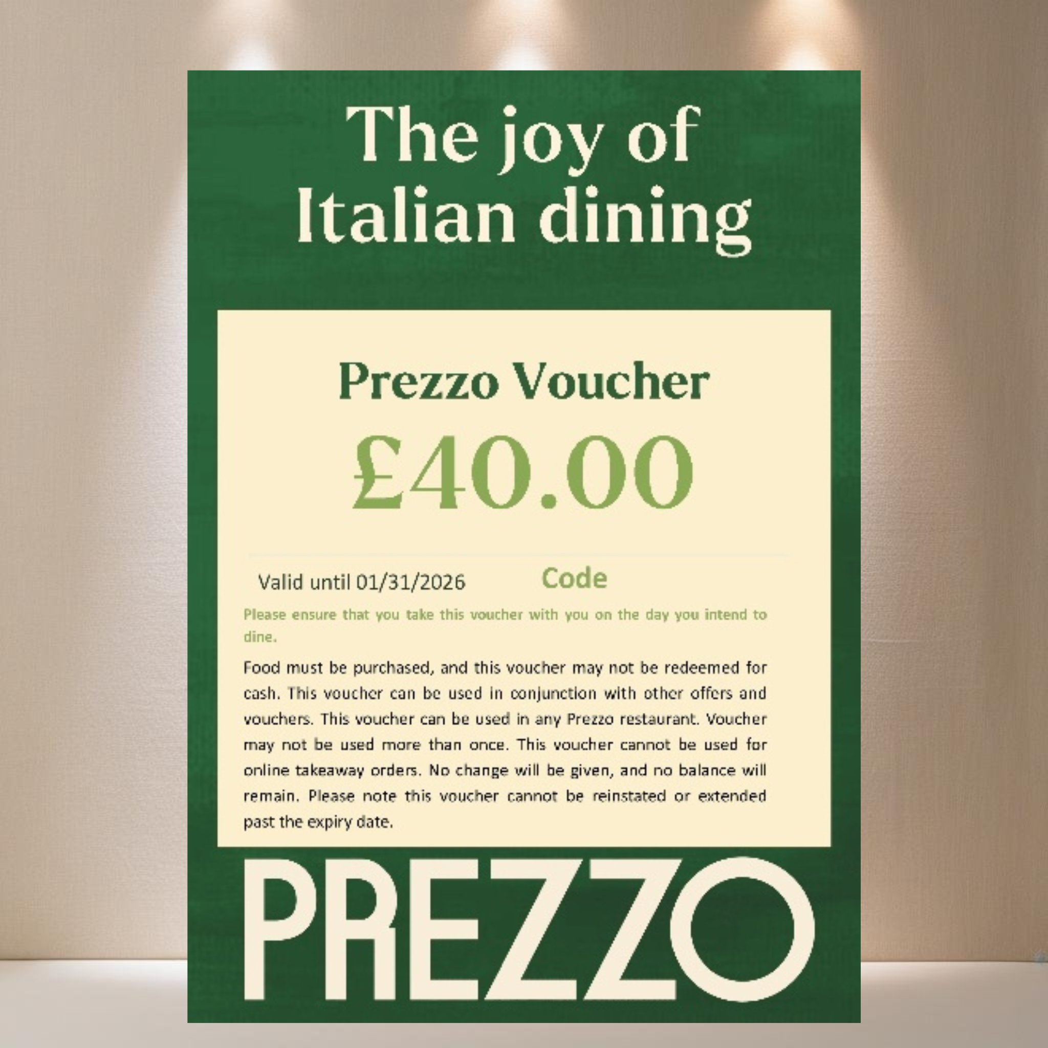 LOT 338 - Prezzo £40 Voucher